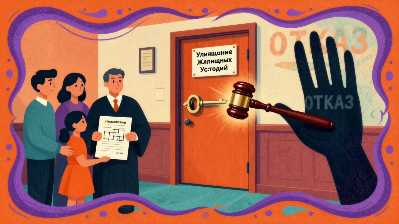 Судебная сцена: ключ-молоток открывает дверь улучшения жилищных условий, а тень отказа исчезает.