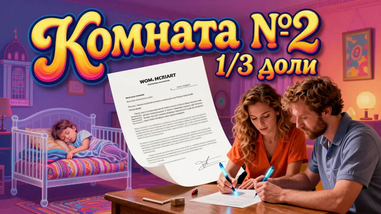 Юридический договор с ярко выделенной комнатой и родителями, подписывающими его, в стиле психоделической иллюстрации.