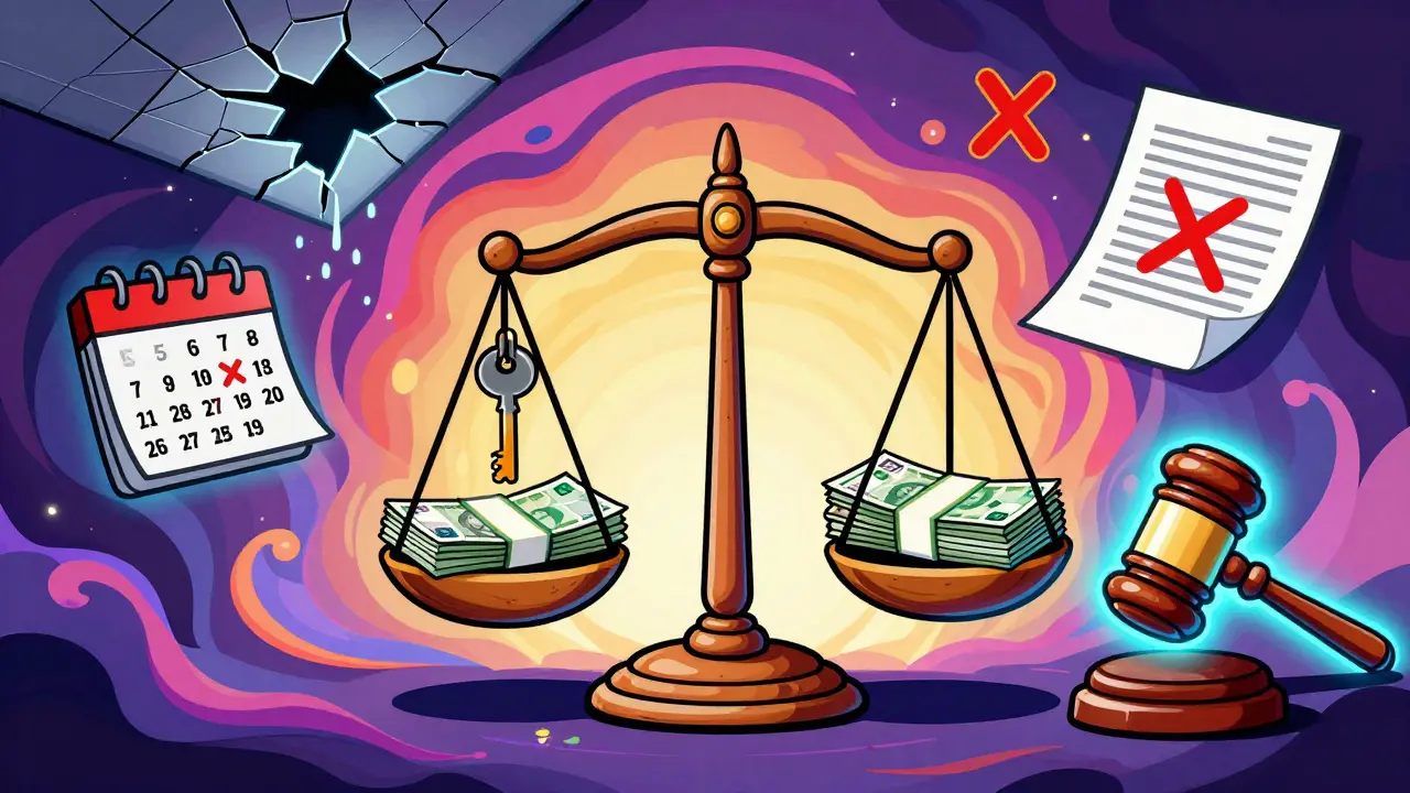 Весы справедливости с ключом и деньгами, окруженные символами нарушения договора аренды в стиле Вес Вильсона.