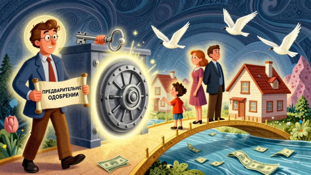 A family moving between homes via a golden bridge, with bank vault key, digital clock, and Rosreestr birds in swirling 1960s cartoon style.