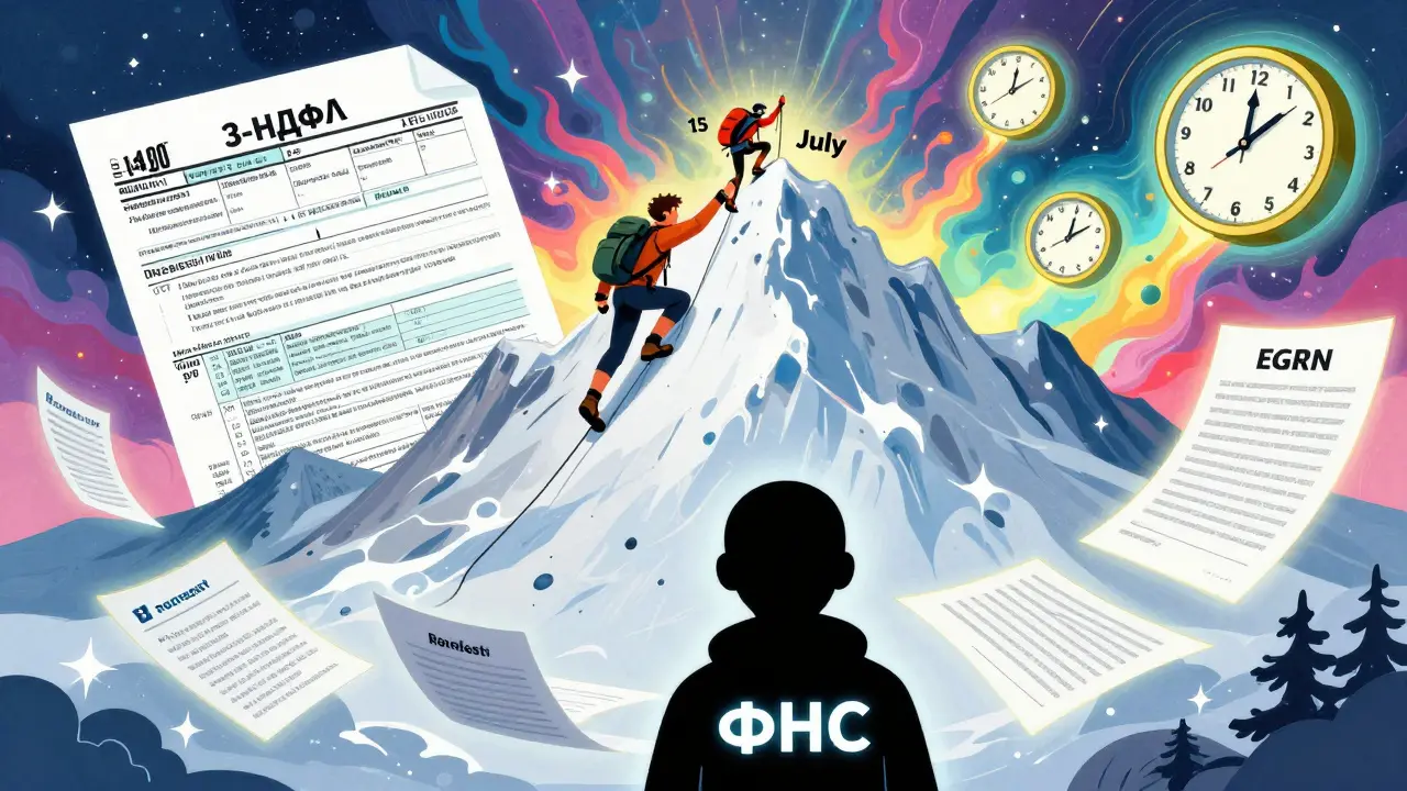 Человек лезет на гору деклараций к сроку оплаты налога, за ним наблюдает ФНС с glowing глазами.