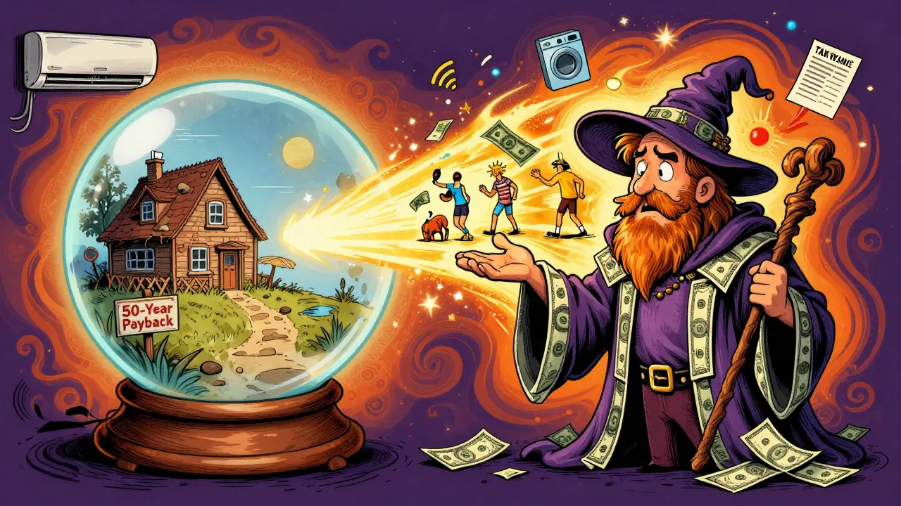 Человек-волшебник смотрит на два будущих пути: одно — 50 лет окупаемости, другое — золотой поток денег.