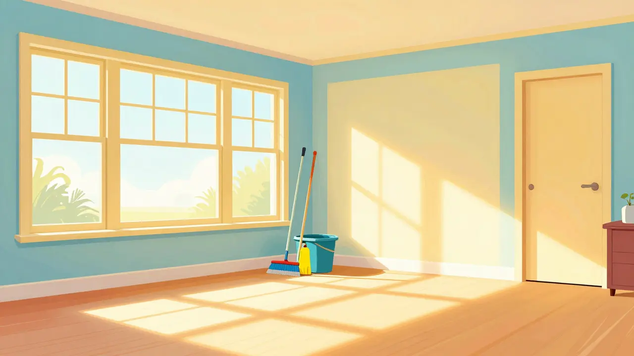 Чистая светлая комната с уборочными принадлежностями