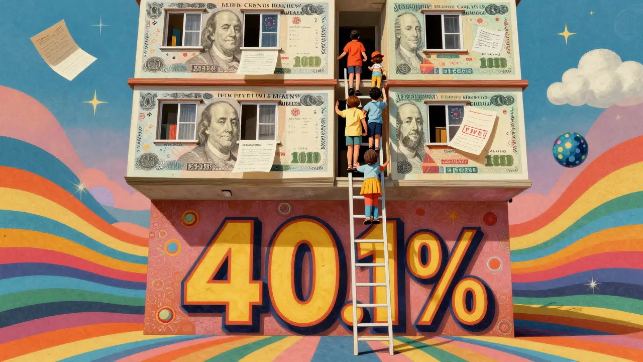 Дом из рублей с семьей, поднимающейся по документам, над ними огромная цифра 40,1% в психоделическом стиле.