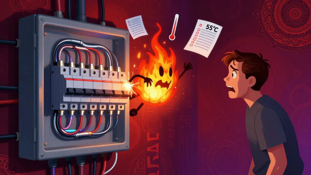 Электрощит с искрящимися алюминиевыми проводами и огненным демоном.