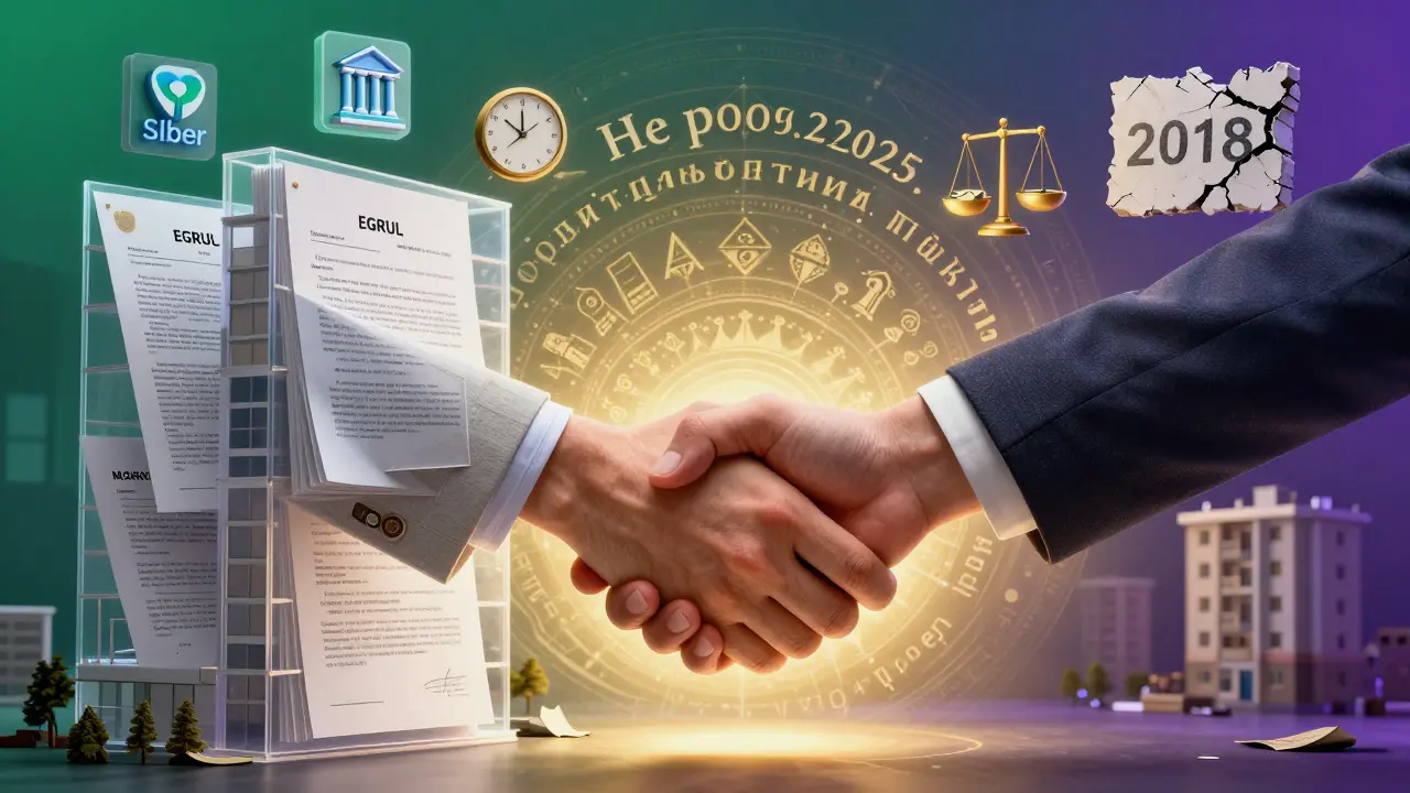 Гигантская рукопожатие между покупателем и зданием из юридических документов, окружённая психоделическими узорами и символами доверия.