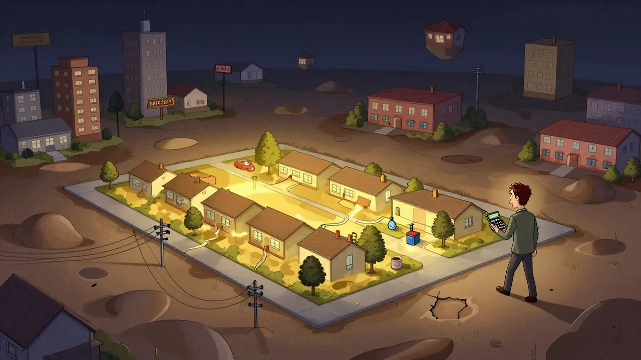 Идеальный участок с коммуникациями светится золотом, в то время как неподготовленный участок тонет в грязи, в стиле Веса Уилсона.