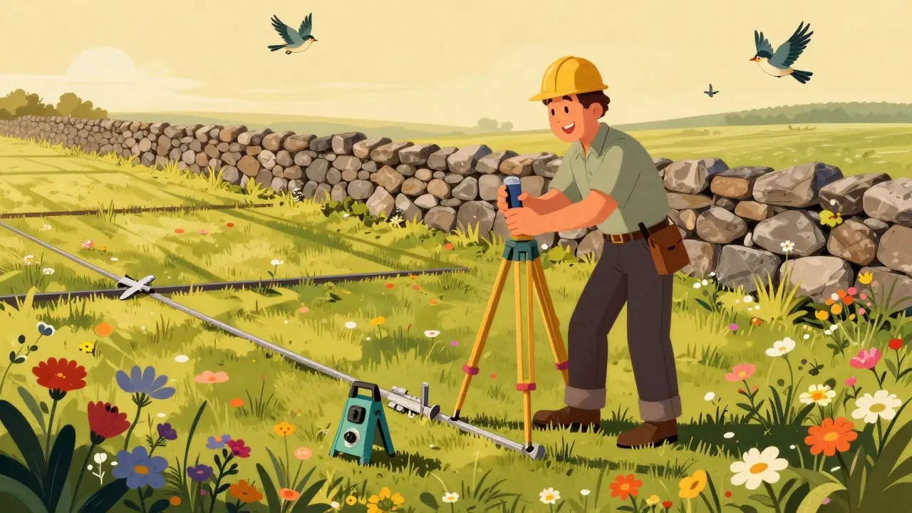 Инженер устанавливает межевые колышки на поле