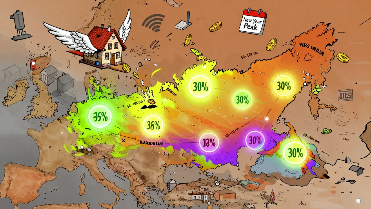 Карта России с зонами высокой доходности аренды, дом с крыльями летит к одной из них.