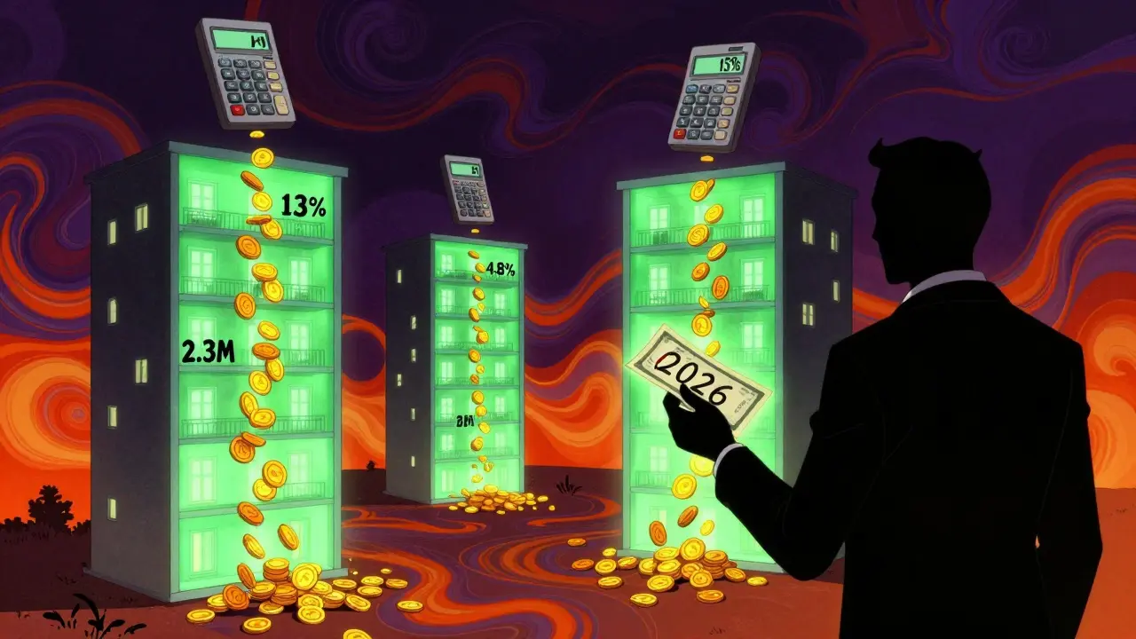 Комнаты в коммуналке с ценниками, над ними — налоговые ставки 13% и 15%, фон — психоделические узоры в стиле Вэса Вилсона.