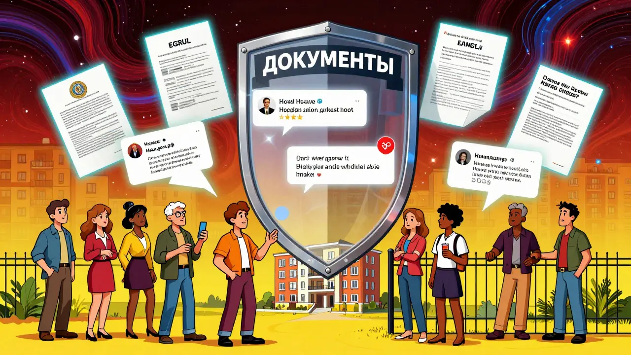 Люди общаются у дома, а фейковые отзывы отталкиваются прозрачным щитом документов
