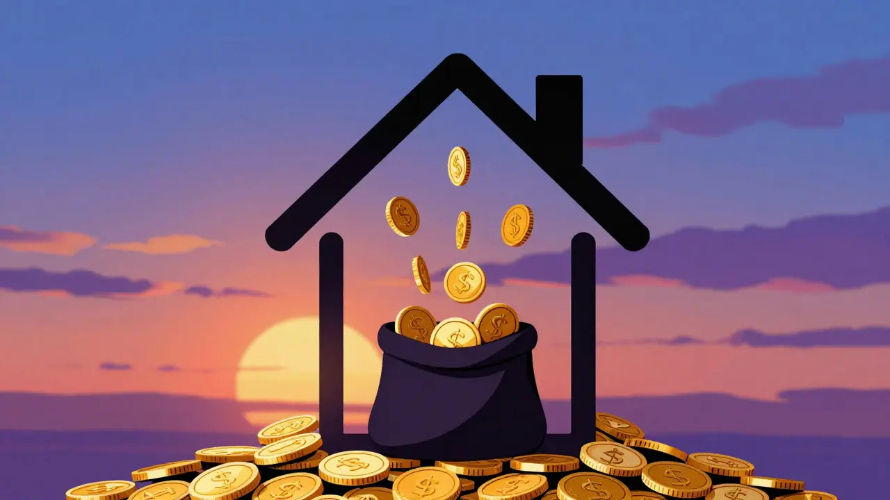 Монеты падают в карман рядом с силуэтом дома в иллюстрации