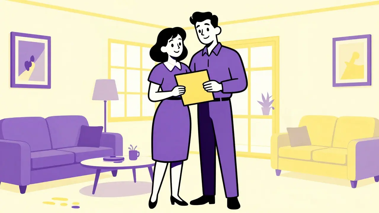 Пара в чистой квартире держит папку с бумагами