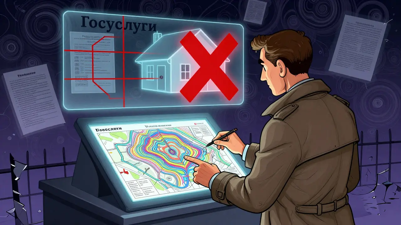 Покупатель изучает карту на экране с наложенными красными границами, в стиле яркой психоделической иллюстрации.