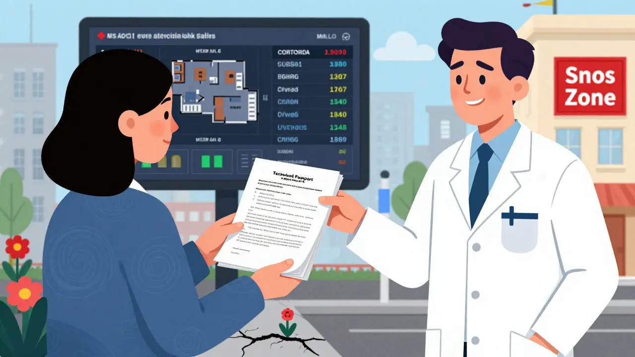 Покупатель передает документы оценщику, за спиной — данные о продажах и предупреждение о сносе.