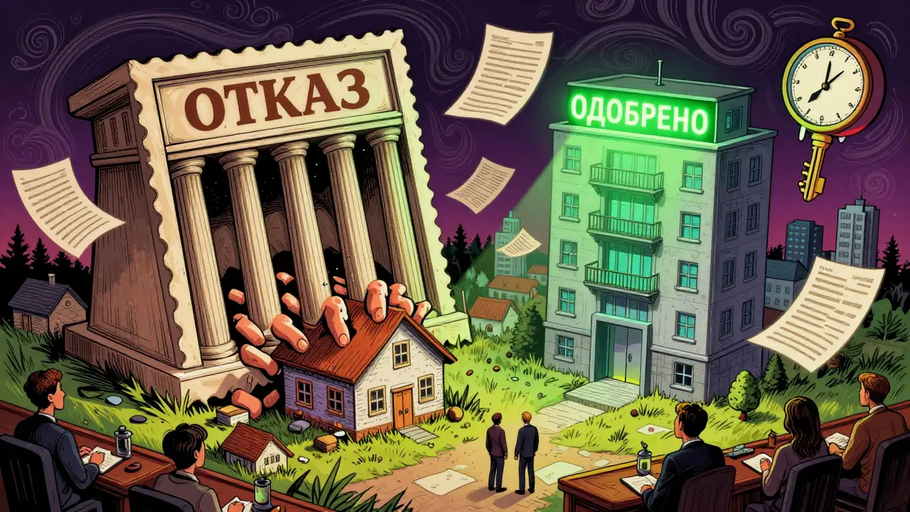 Psychedelic scene showing a rejected rural house crushed by a bank stamp, while an approved urban apartment glows with green light and floating documents.