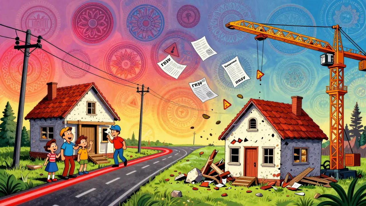 Разделённая сцена: одна сторона — стройка рядом с красной линией, другая — снос дома, в психоделическом стиле.