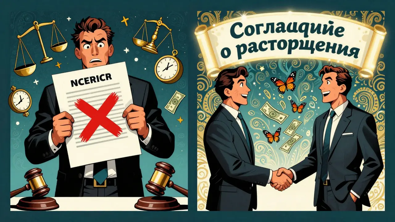 Разделённая сцена: слева — конфликт с юридическими символами, справа — договорённость с арендатором и падающими денежными банкнотами в психоделическом стиле.