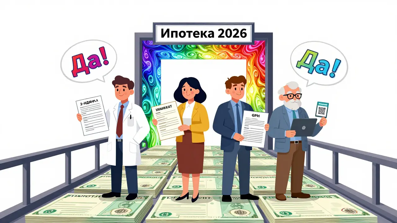 Разные профессионалы стоят на мосту из документов, над ними — портал ипотеки в стиле психоделической иллюстрации.