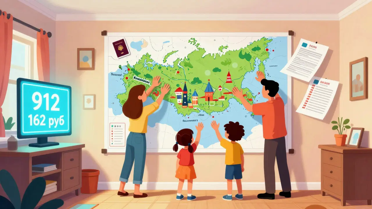 Родители и дети рассматривают карту России с отмеченными городами и документами.