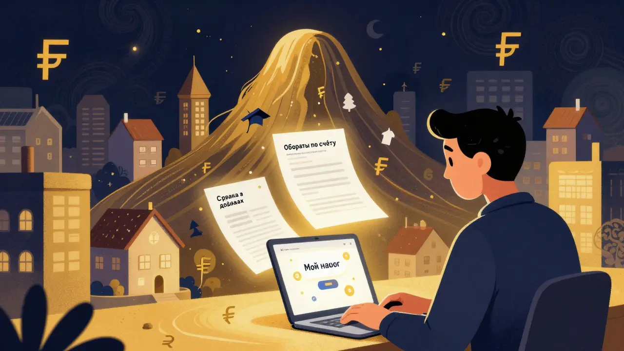 Самозанятый человек с экраном приложения 'Мой налог', из которого выходят документы, фон — город ипотечных домов в ярких узорах.