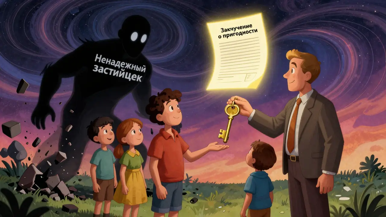 Семья получает ключ от квартиры, а ненадежный застройщик исчезает в пыли.