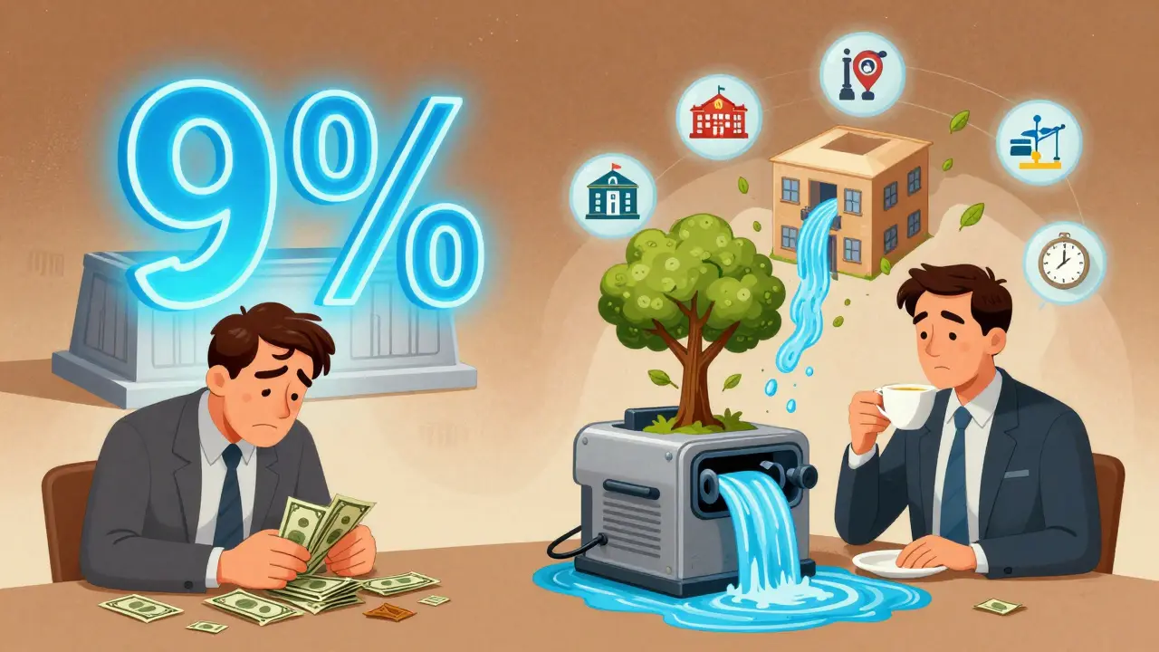 Сравнение: один человек боится процентов, другой спокойно получает арендную плату, растущее здание символизирует накопление капитала.