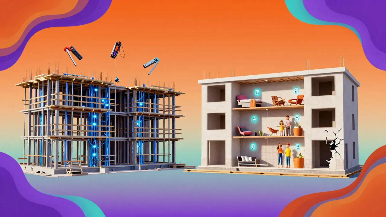 Стиль Веса Уилсона: две квартиры в стройке — одна с пустыми стенами, другая с декором, но с трещинами и кривыми дверями.