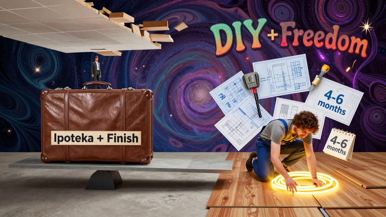 Стиль Веса Уилсона: весы, сравнивающие дорогой готовый ремонт и самостоятельный ремонт с инструментами и планами.