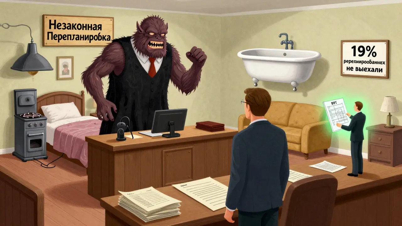 Судебная сцена с монстром незаконной перепланировки, покупатель стоит перед судьей из документов, за спиной — техпаспорт БТИ.