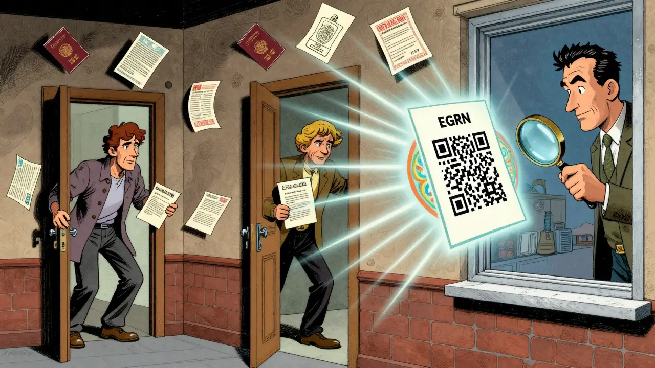 Три арендатора входят в квартиру по поддельным договорам, а владелец проверяет QR-код через лупу.