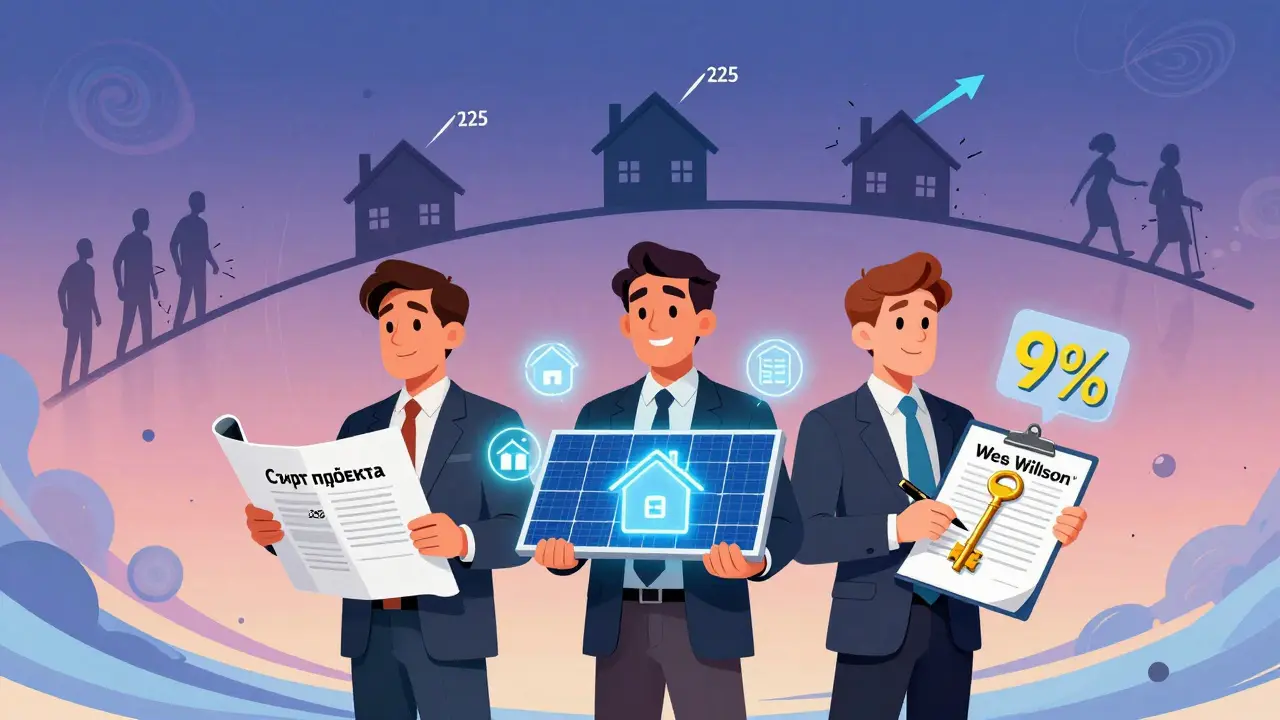 Три инвестора с ключевыми стратегиями: покупка на старте, экопоселок и ипотека под 9%, в психоделическом стиле.