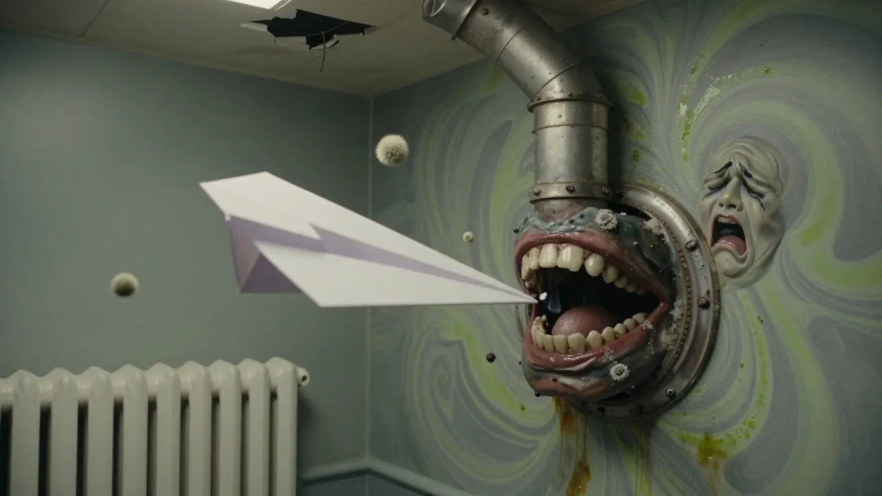 Вентиляционная шахта засасывает лист бумаги, вокруг — плесень и капли конденсата.