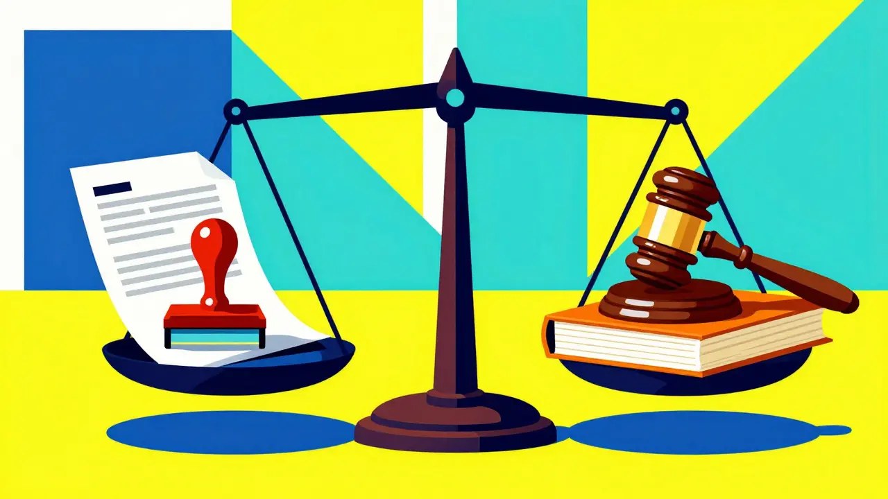 Весы с документами и молотком судьи для спора о цене жилья