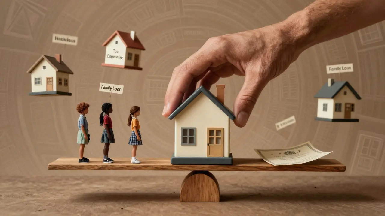 Весы с домом и детьми, другие дома уплывают, психоделические геометрические узоры, символ баланса.