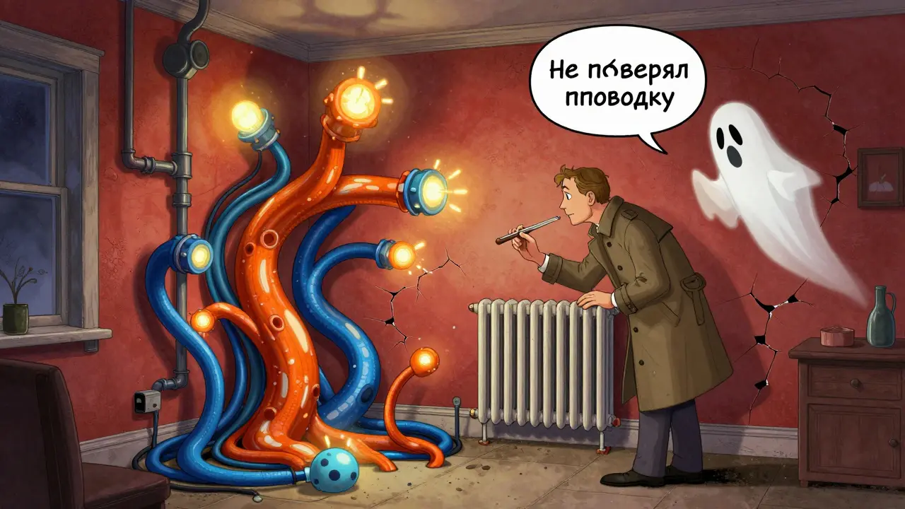 Внутренность старой квартиры с взрывами труб и проводов, детектив осматривает радиатор, предупреждения о электропроводке и давлении воды.