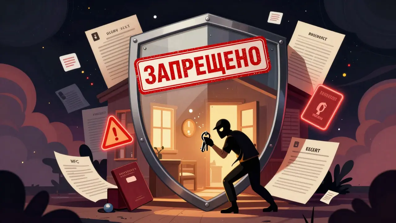 Защитный щит из документов охраняет квартиру от мошенника, пытающегося проникнуть через фальшивые ключи.