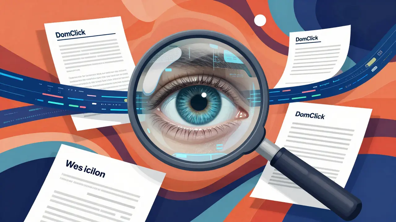 Абстрактная иллюстрация анализа отчетов об оценке через увеличительное стекло в ярких цветах.