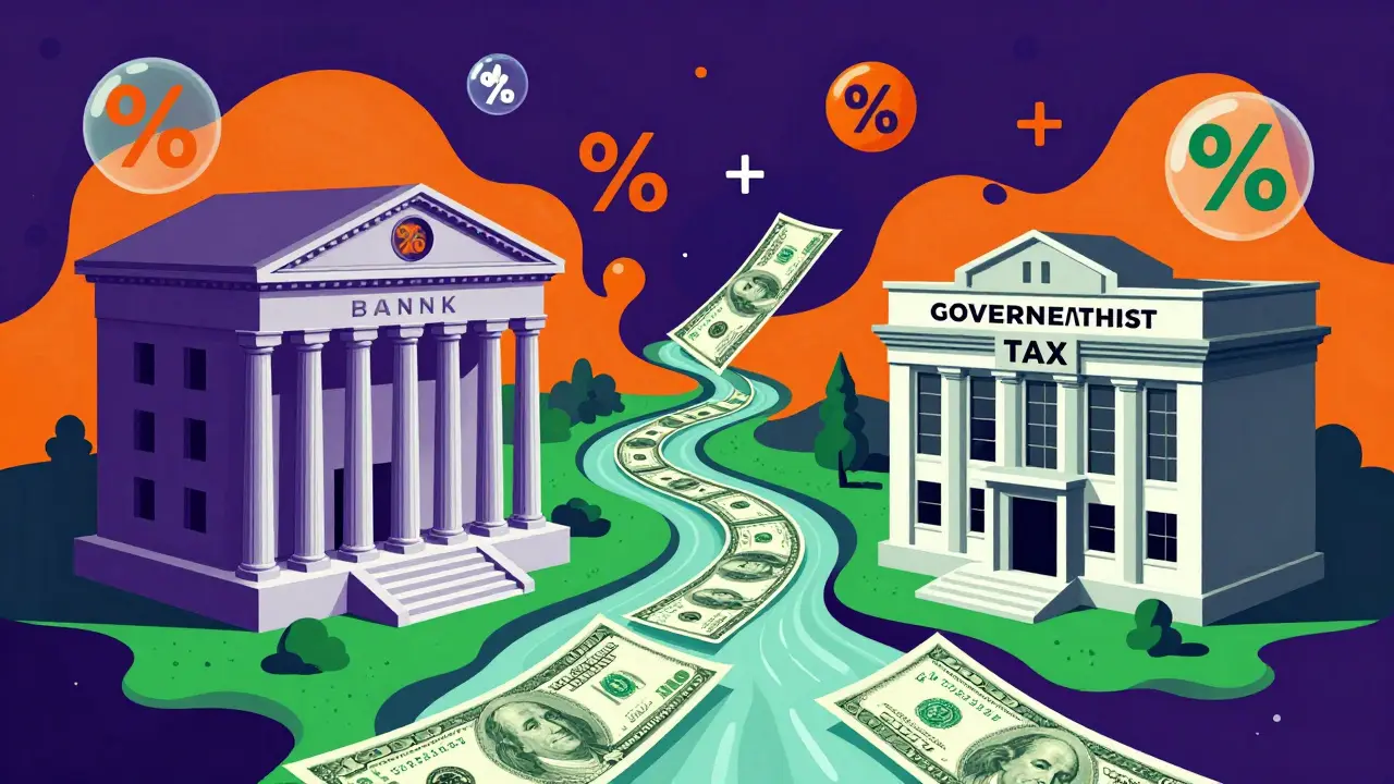 Абстрактное изображение потока денег между банком и налоговой в стиле Веса Уилсона