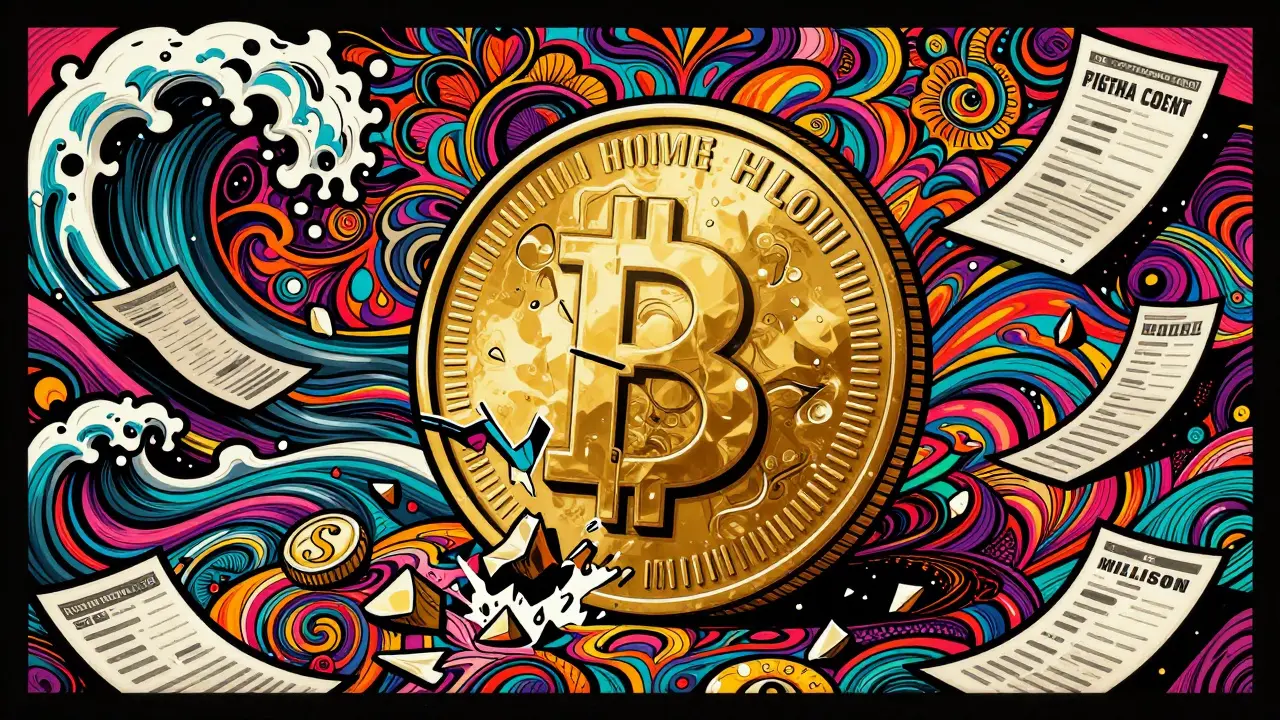 Абстрактное изображение золотой монеты, которую дробят мелкие цветные осколки расходов