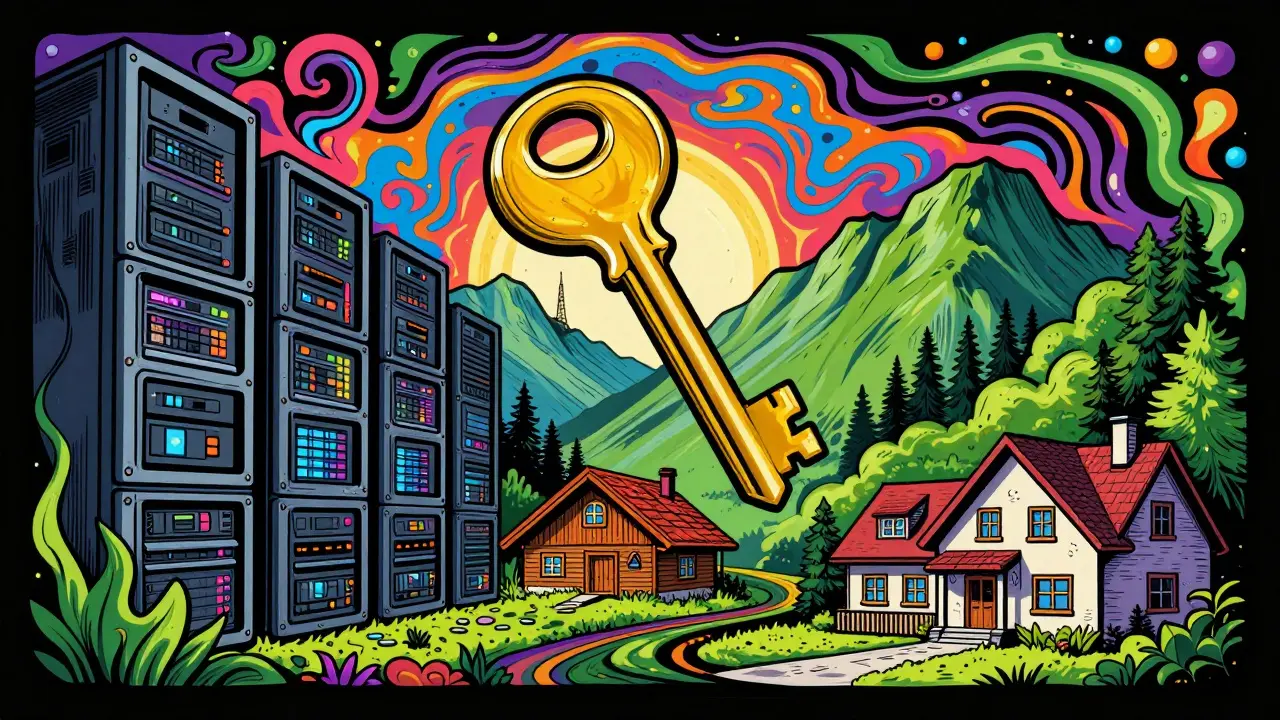 Абстрактный коллаж из дата-центра, загородного дома и курортного жилья