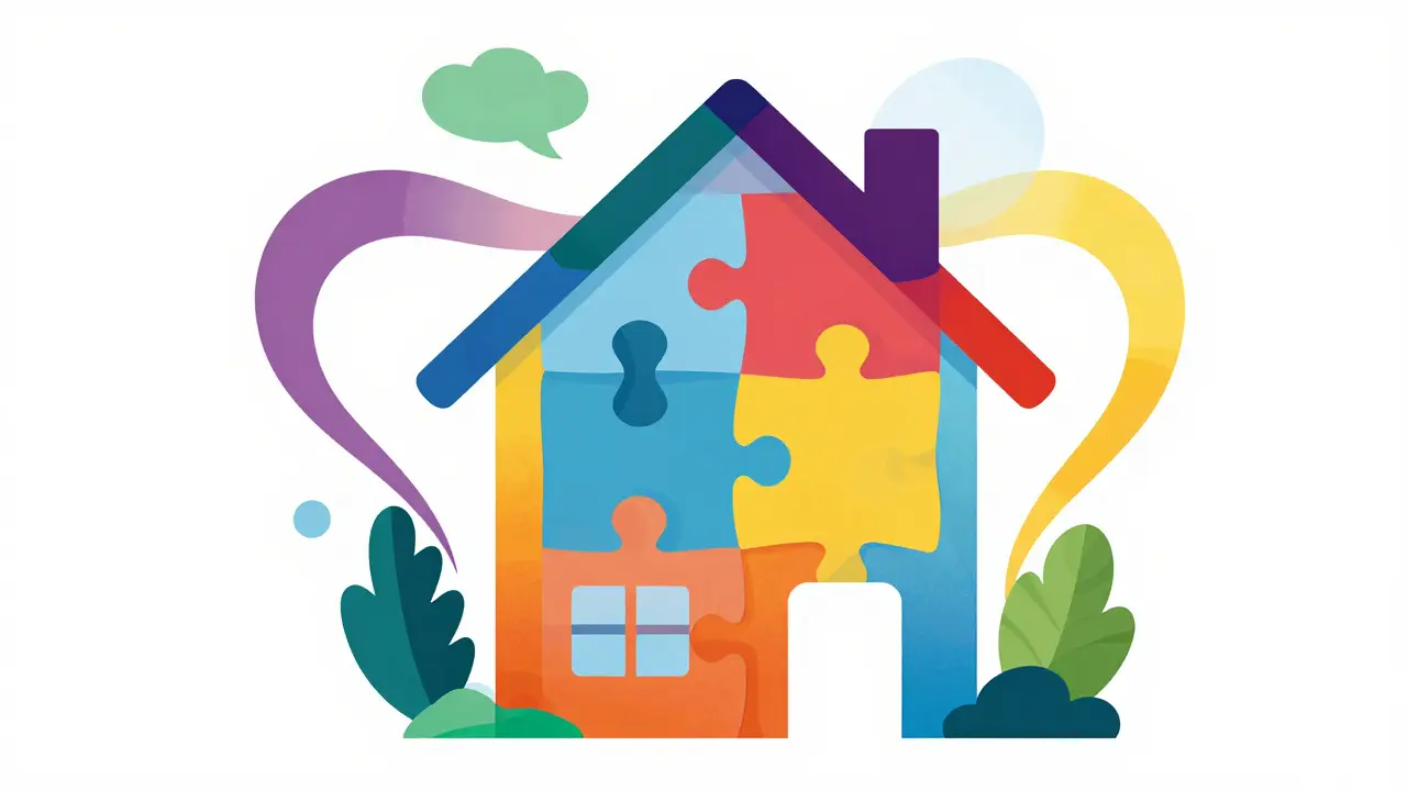 Цветной дом, разделенный на доли между членами семьи в стиле Веса Уилсона