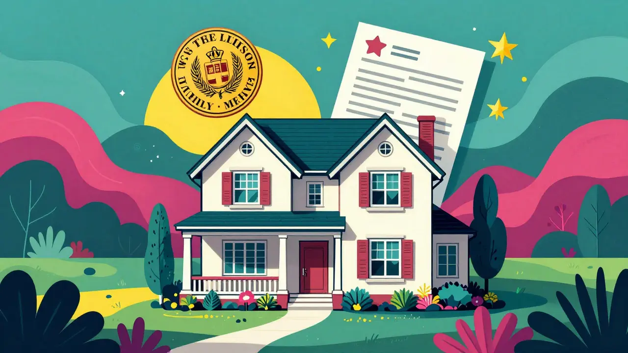 Готовый дом и символы успешного оформления документов в стиле Уэса Уилсона