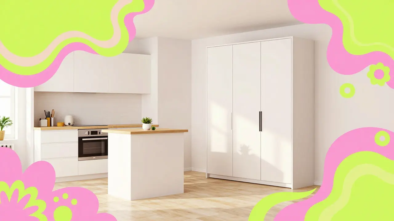 Иллюстрация квартиры с базовым набором мебели в ярком стиле Уэса Уилсона