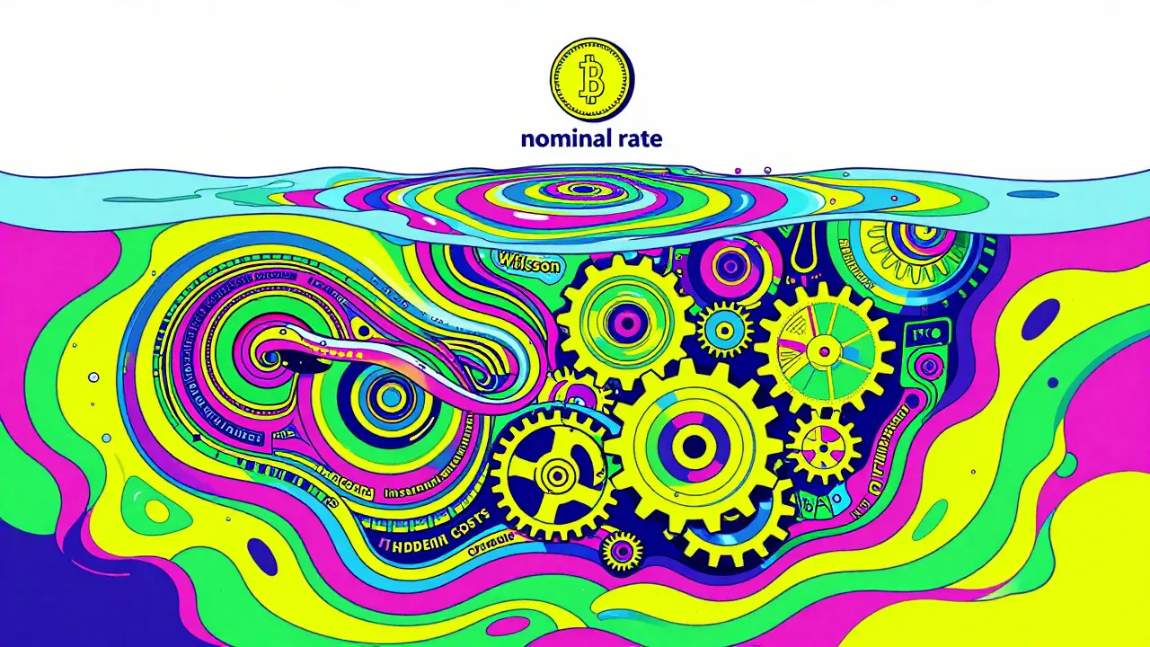Концепция скрытых расходов по ипотеке в виде айсберга в стиле Уэса Уилсона