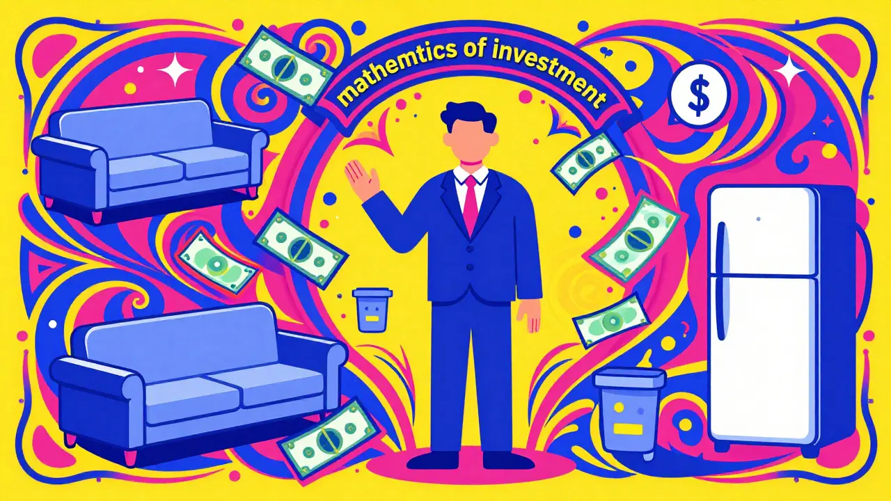 Концептуальное изображение расчета прибыли от аренды и стоимости мебели в психоделическом стиле