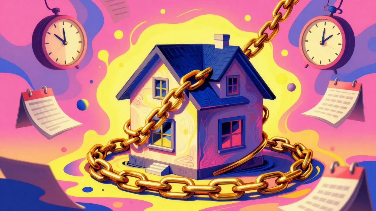 Квартира, обвитая золотой цепью, символизирующая ипотечное обременение в стиле арт-постера.