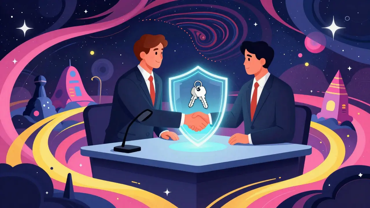 Нотариус и клиент заключают безопасную сделку под защитным куполом в сюрреалистичном стиле.