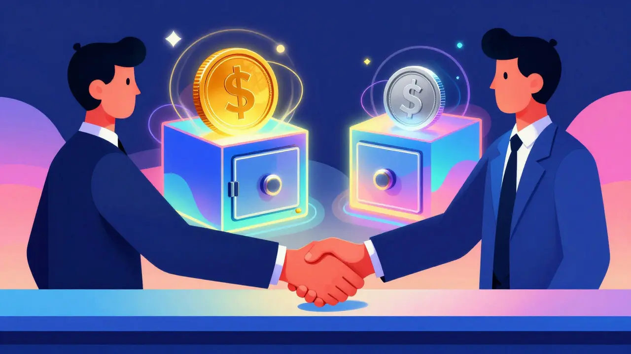 Процесс безопасных расчетов через банковские ячейки в ярком иллюстративном стиле.