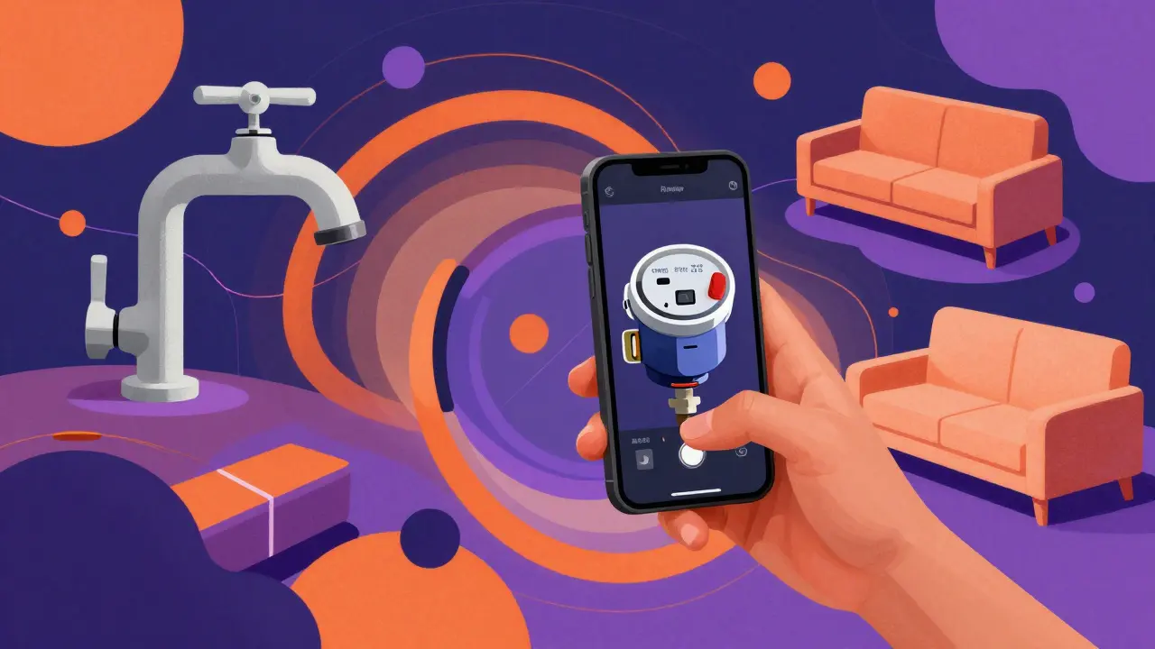 Процесс осмотра квартиры и фотографирование счетчиков в ярком иллюстративном стиле.